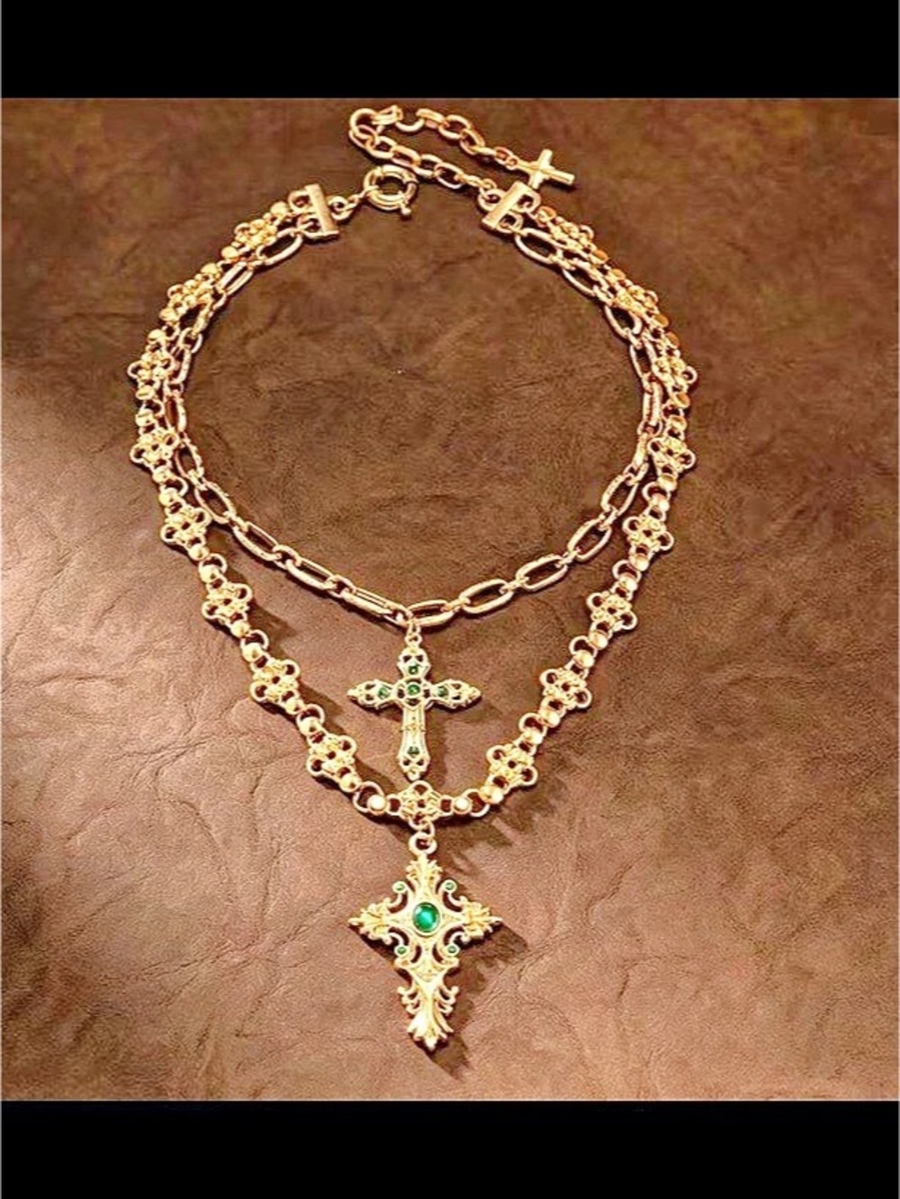 Layered Cross Pendant Necklace in Gold & Green Like New